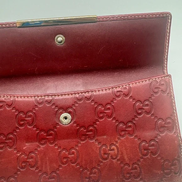 Gucci Guccissima Red Leather Long Wallet Gold Bar Logo Made In Italy - Picture 5 of 10